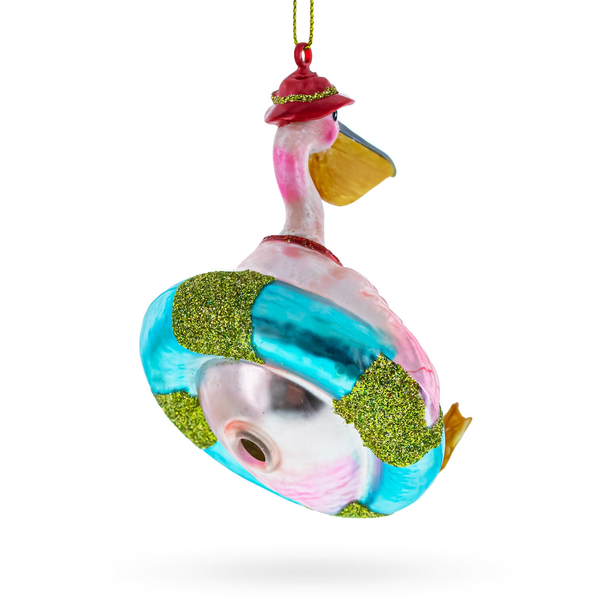 Pelican in Red Swimsuit with Hat on Pool Float Glass Christmas Ornament