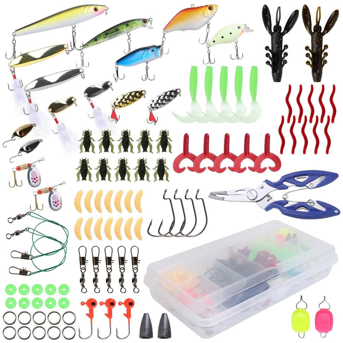 101-Pieces: Fishing Lure Kit Soft Plastic Fishing Baits Set with Soft Worms Crankbaits Box