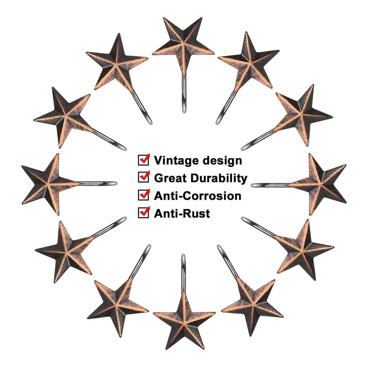 12-Pieces: Anti-Rust Star Decorative Shower Curtain Hooks