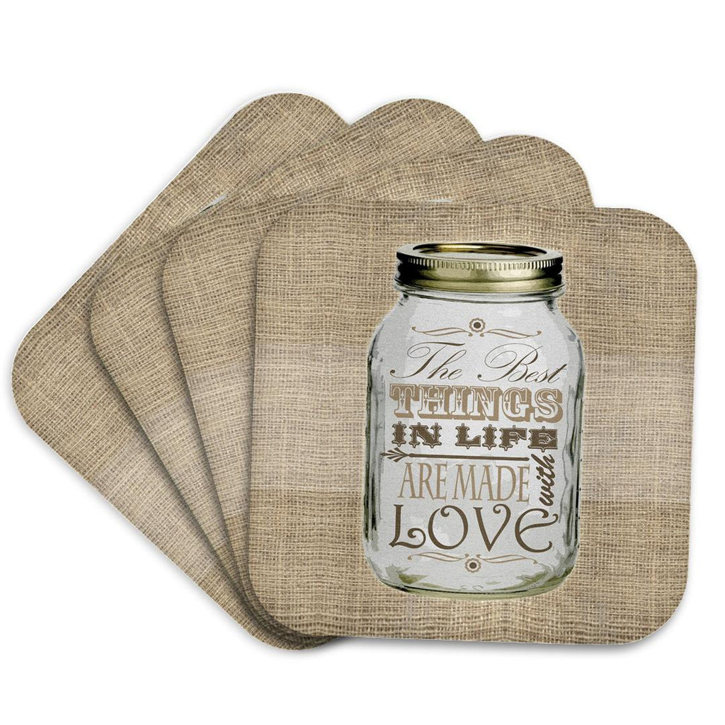 3dRose Janna Salak Designs Rustic Designs - Mason Jar on Burlap Print Brown - The Best Things in Life are Made with Love - Gifts for The Cook - Coasters (CST_128507)