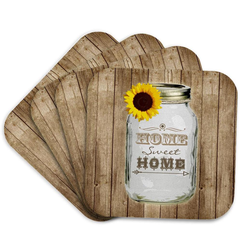 3dRose Janna Salak Designs Rustic Designs - Country Rustic Mason Jar with Sunflower - Home Sweet Home - Coasters (CST_128555)
