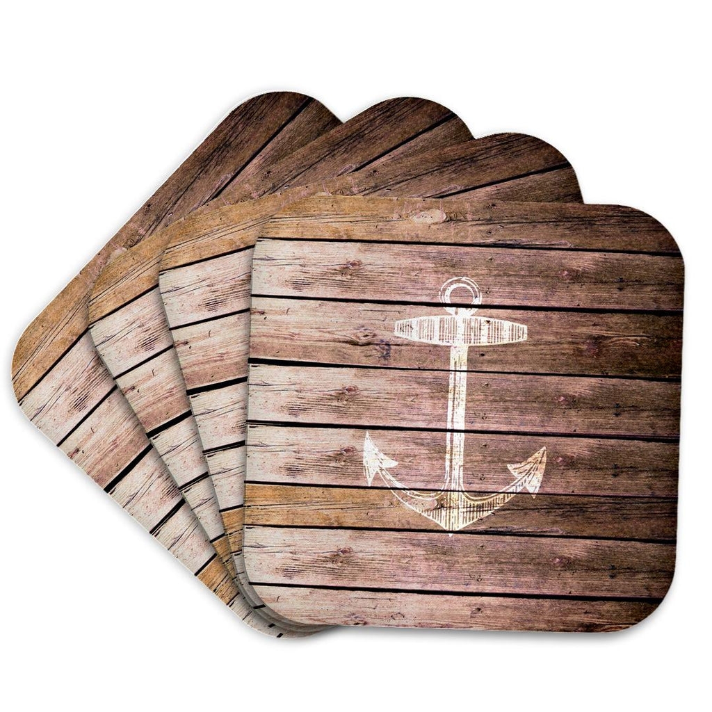 3dRose InspirationzStore Nautical Designs - White Anchor Stamp on Wood Texture Graphic Print - not Actually Wooden - Brown Grunge Nautical Theme - Coasters (CST_120205)
