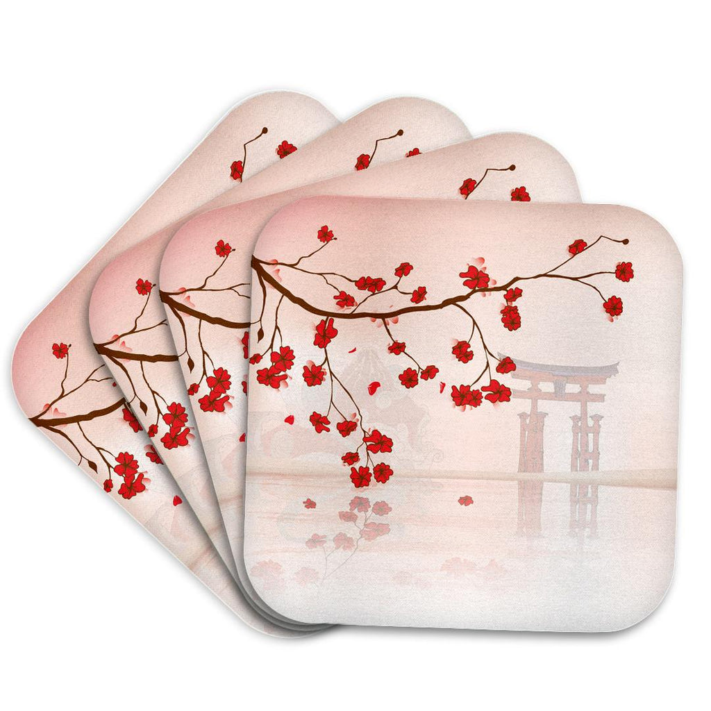 3dRose Dooni Designs Oriental Inspired Designs - Beautiful Japanese Sakura Red Cherry Blossoms Branching Reflecting Over Water - Coasters (cst_116168)