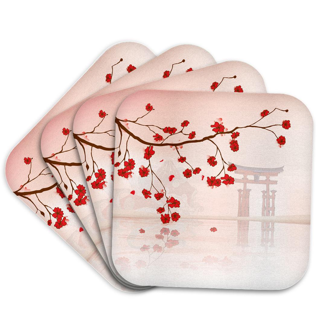 3dRose Dooni Designs Oriental Inspired Designs - Beautiful Japanese Sakura Red Cherry Blossoms Branching Reflecting Over Water - Coasters (cst_116168)