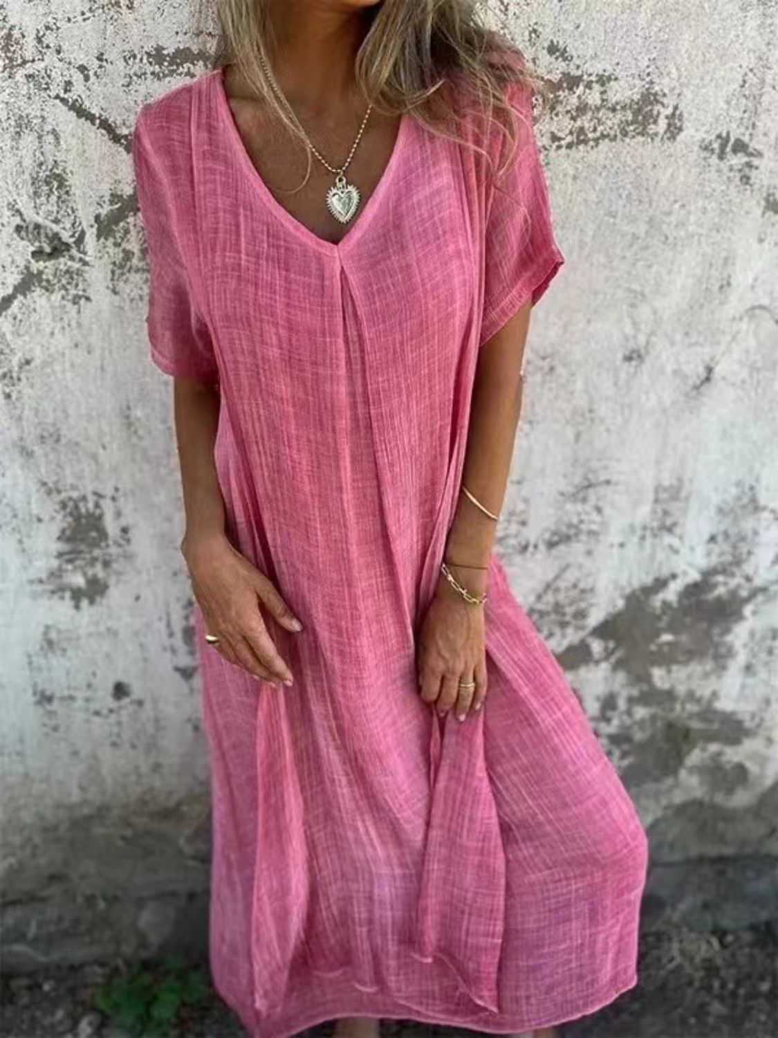 Full Size V-Neck Short Sleeve Midi Dress Plus Size