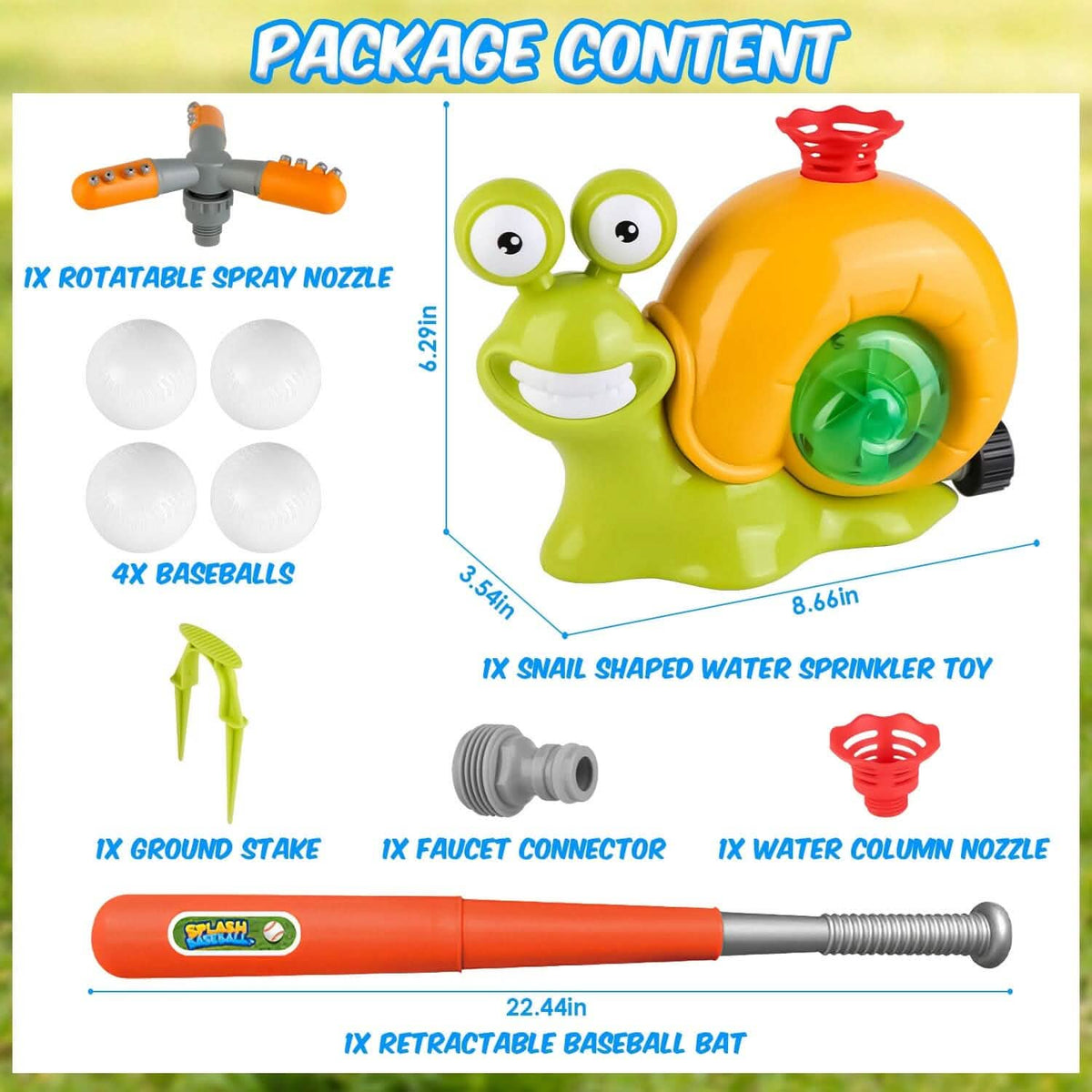 2-in-1 Snail Water Sprinkler Baseball Toy with 2 Sprinkler Nozzles