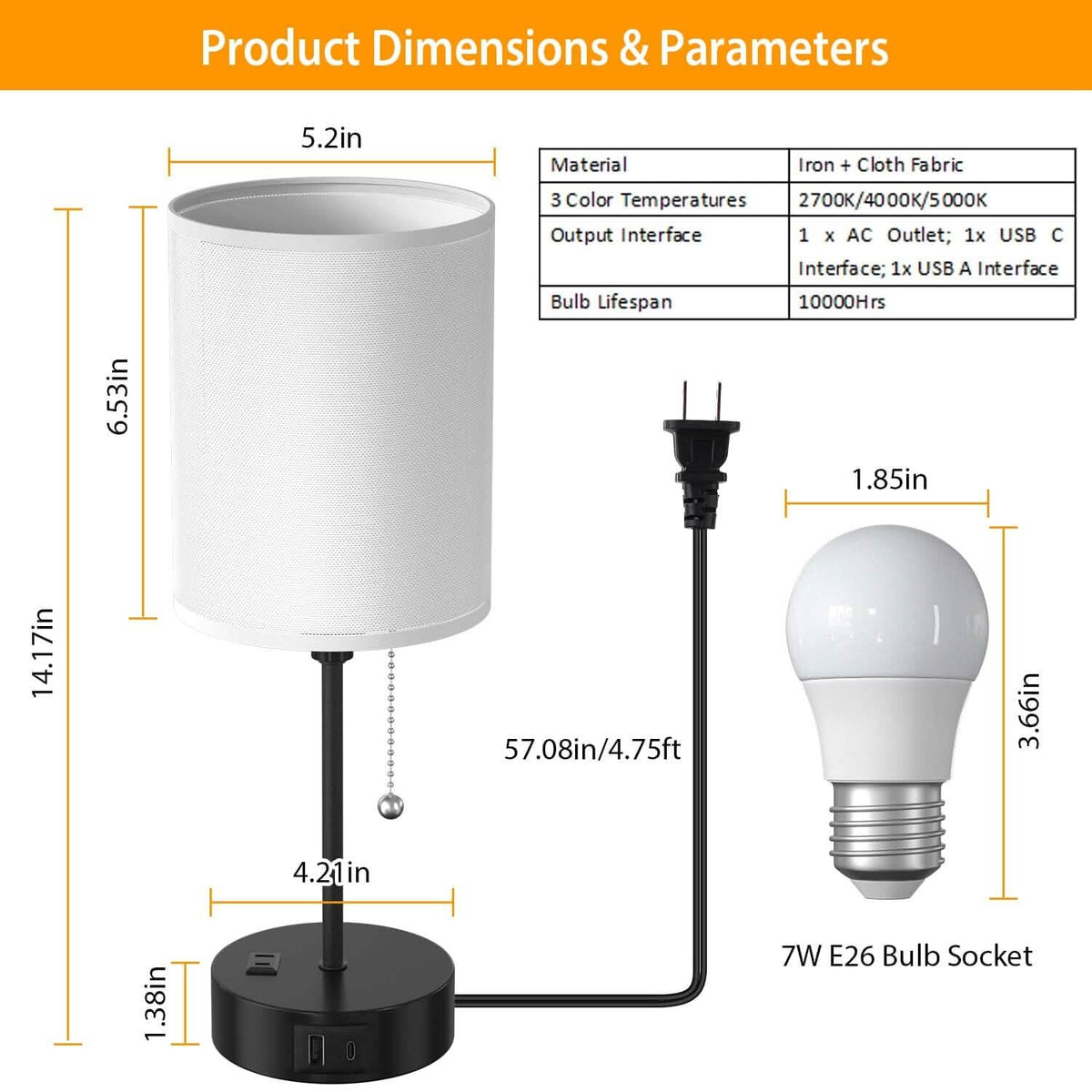 2-Pieces: Bedside Lamps 3 Color Modes USB C+A AC Output Ports Pull Chain