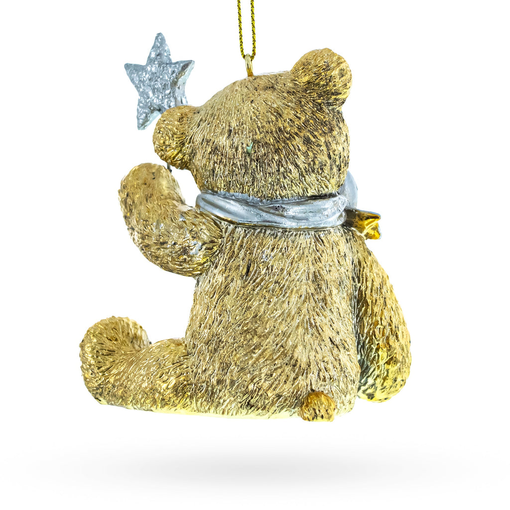 Gold Teddy Bear with a Sparkling Red Bow -Resin Christmas Ornament