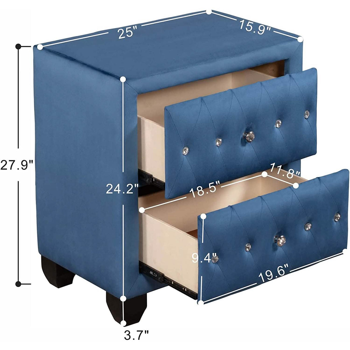 27.9" Tall Bedside Table Blue Upholstered Velvet 2-Drawer Nightstand