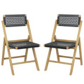 Set of 2 Folding Chairs Indonesia Teak Wood Dining Chairs with Woven Rope Seat and Back