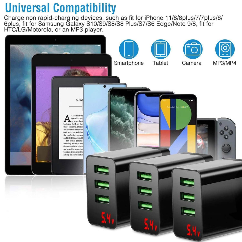 3-Pack: 3-Port USB Hub Charger Wall Power Charging Plug Adapter