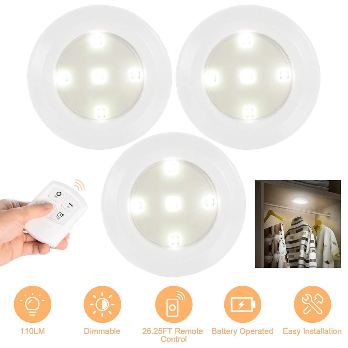 3-Pack: LED Wireless Puck Closet Lights