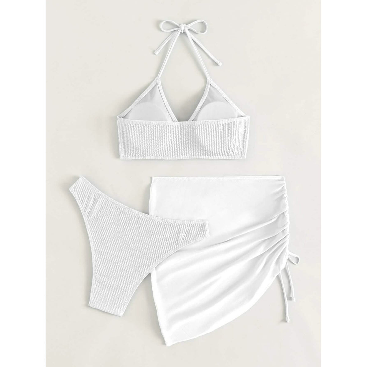 3-Pack: Textured Ring Linked Halter Bikini Swimsuit & Beach Skirt