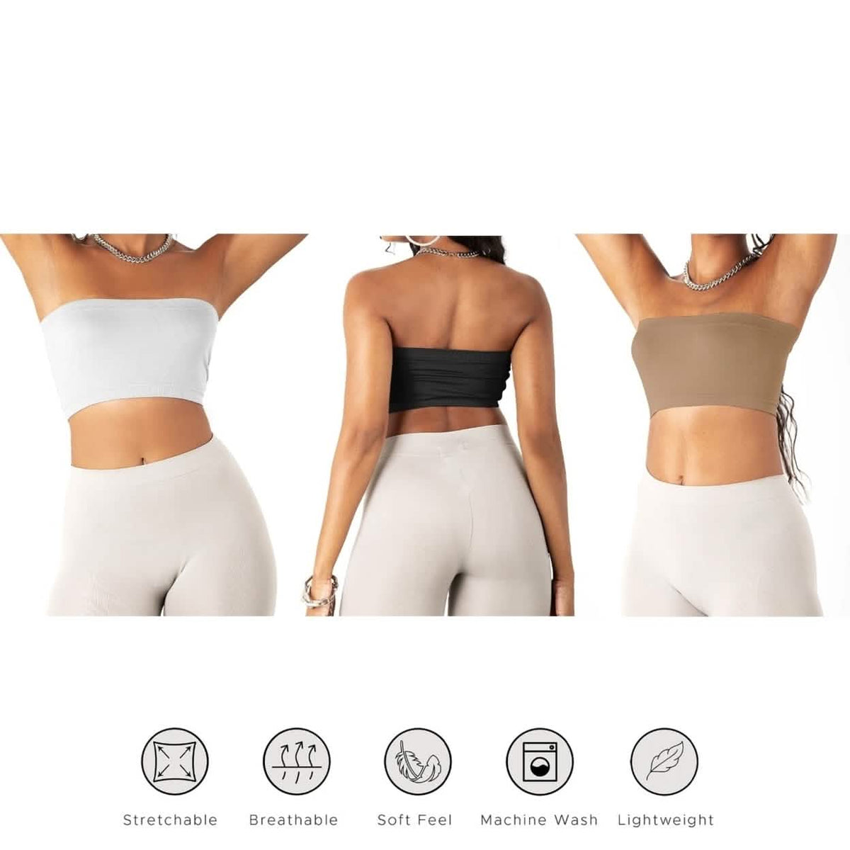 3-Pack: Women's Seamless Strapless Bandeau Crop Tube Top Bra Bralettes