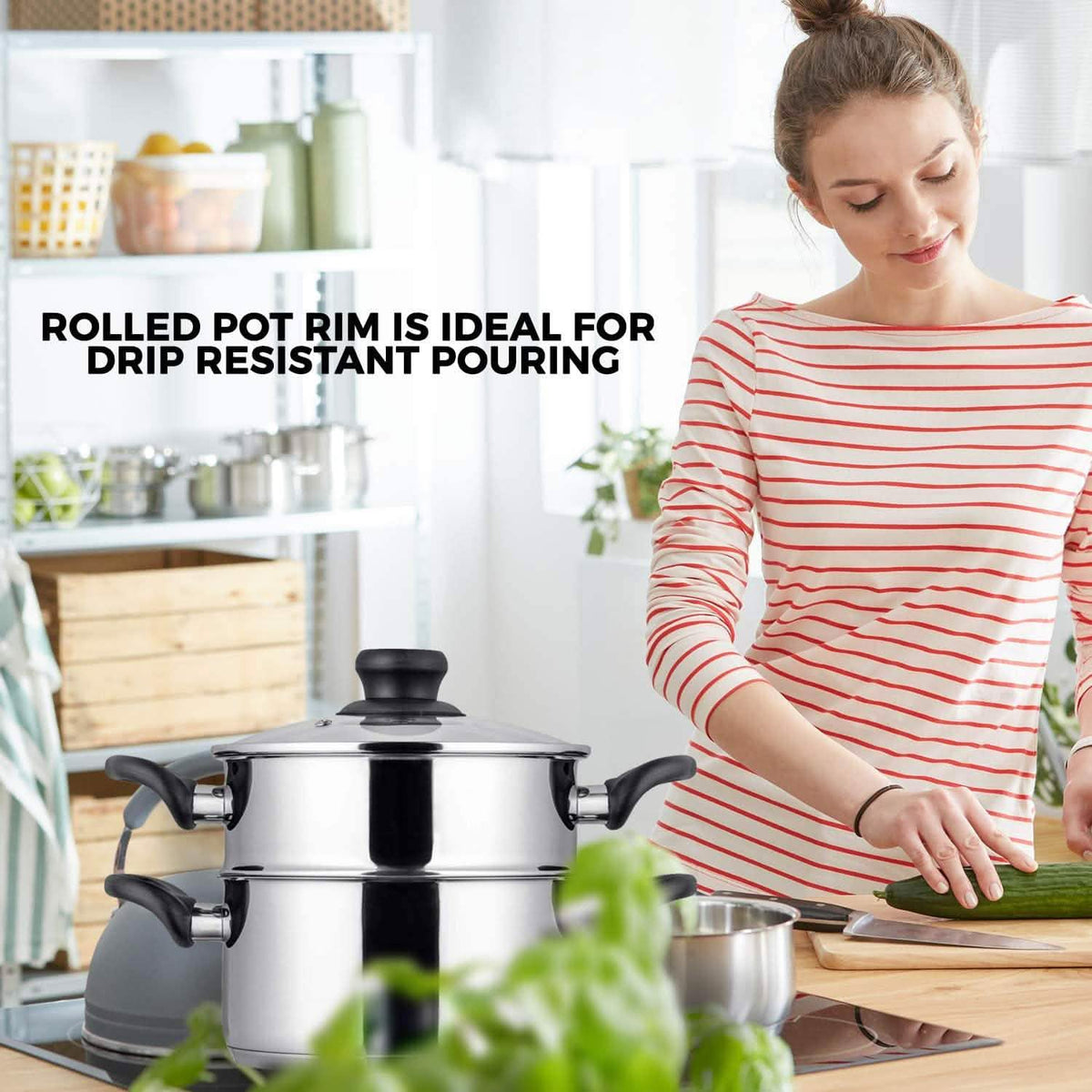3-Piece Set: Chef's Star Stainless Steel Cookware 2 Quart Steamer Basket Set