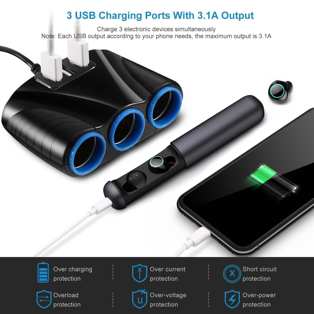 3-Socket Car Cigarette Lighter Splitter