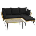 3 Pieces L-Shaped Patio Sofa with Cushions and Tempered Glass Table-Black