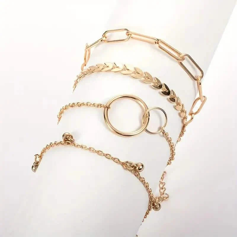 4-Pieces: Vintage Leaf Pendant Hand Chain Bracelet Set For Women