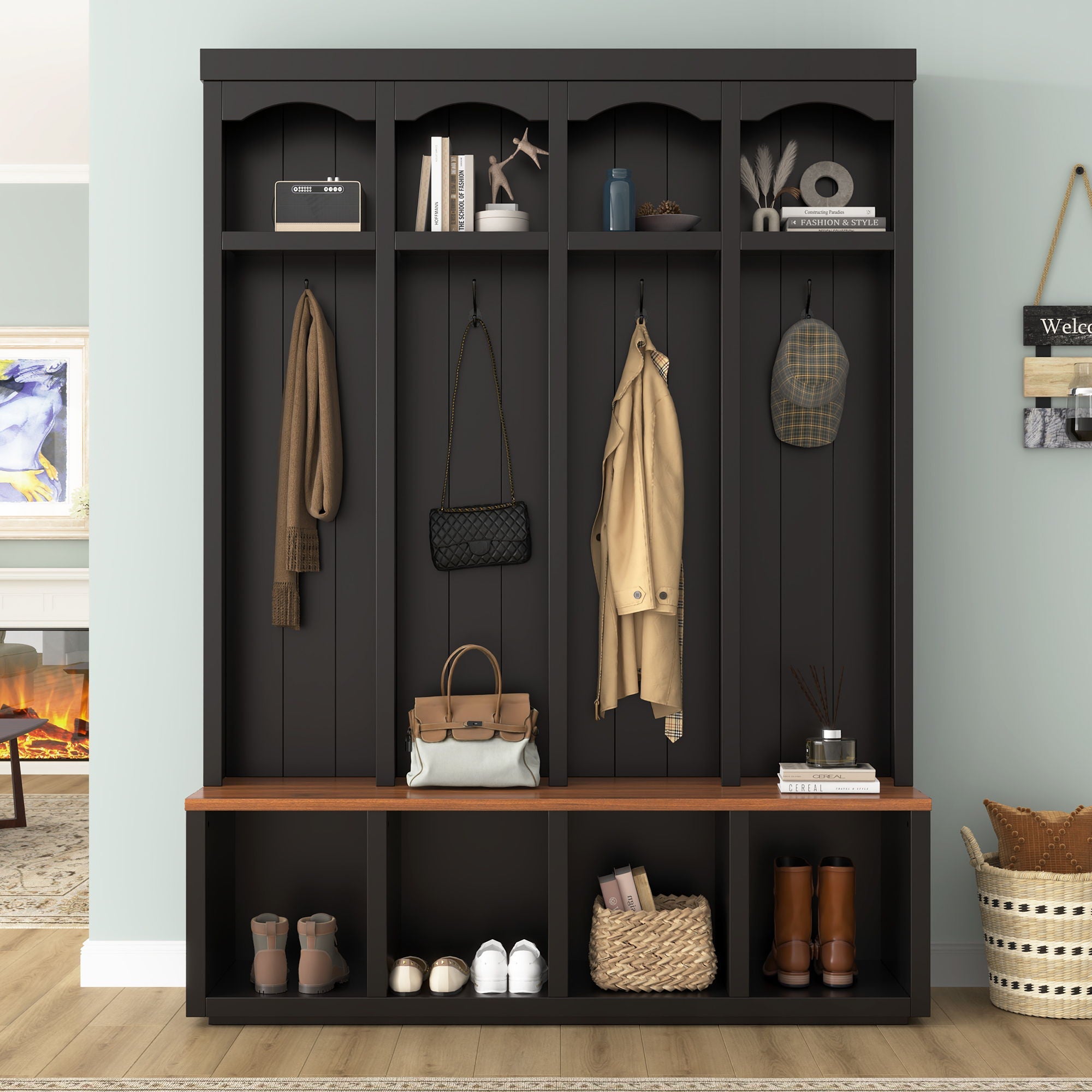 Entryway Hall Tree With Bench, 4 Hooks & Open Storage Space