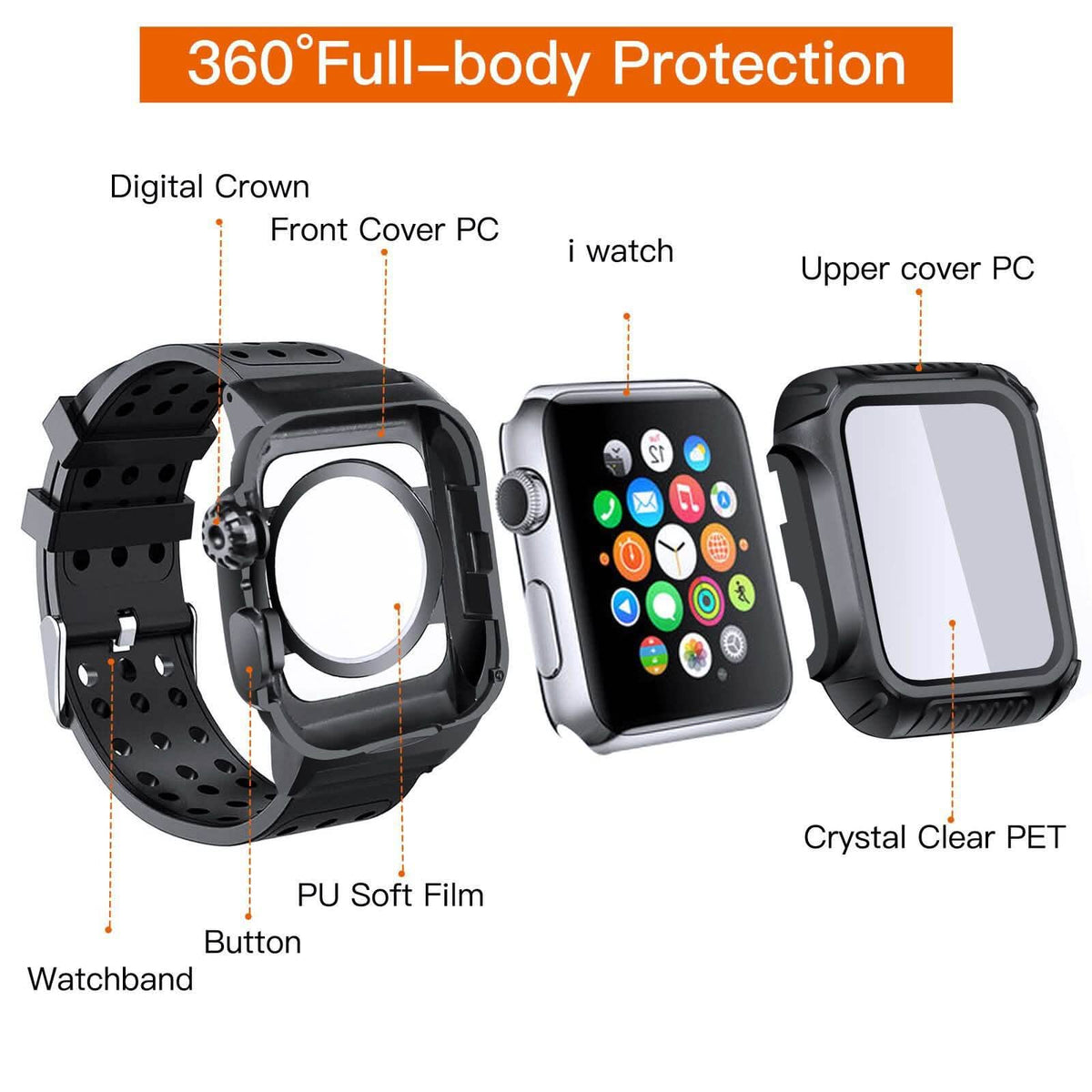 44 MM Full Cover Clear Case Screen Protector with Bands for Apple iWatch 4 and 5