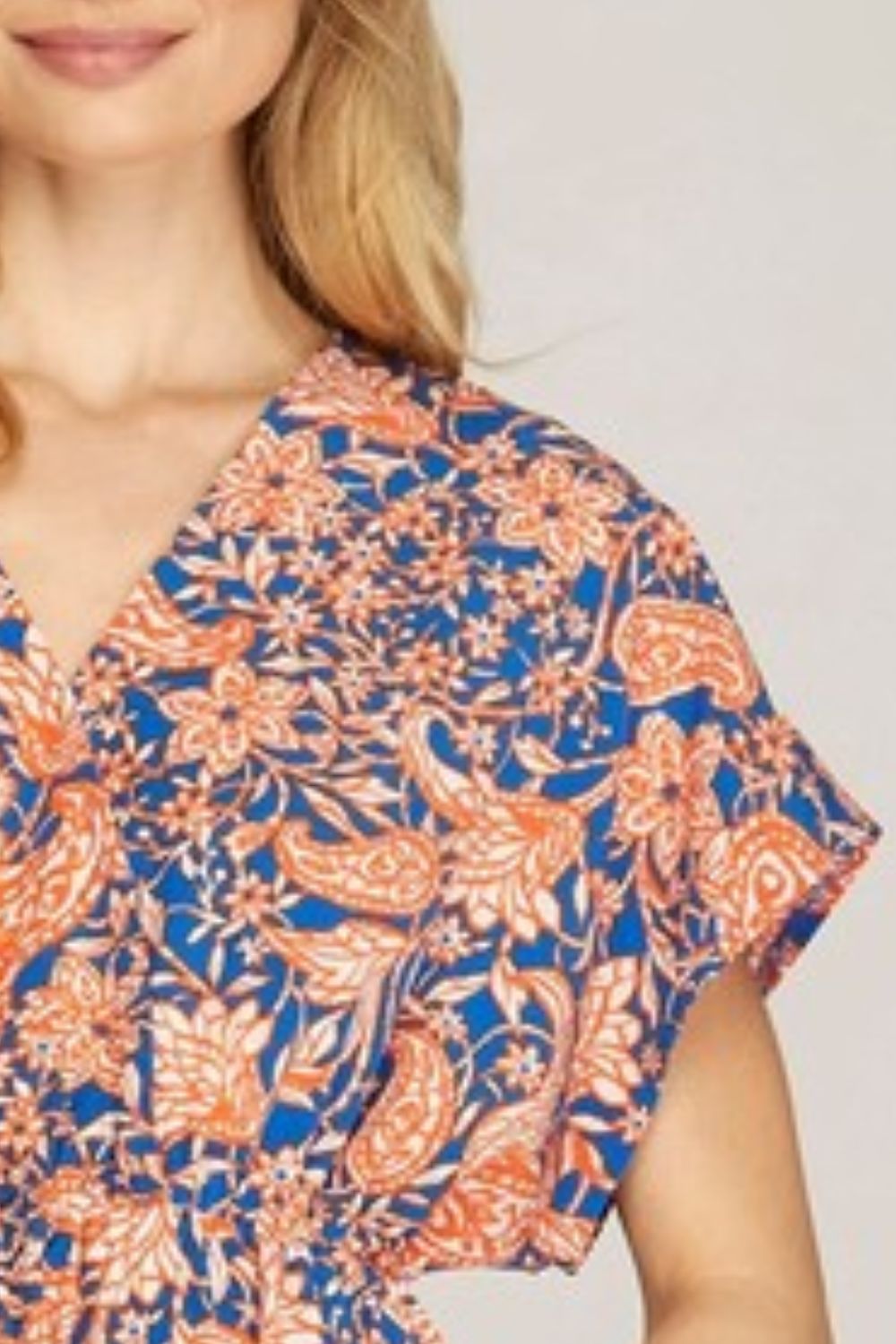 She + Sky Full Size Ruffled Hem Printed Surplice Kimono Sleeve Mini Dress Plus Size
