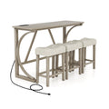 4-Piece Bar Table Set with Power Outlet and Upholstered Saddle Seat Stools-Grey and Beige