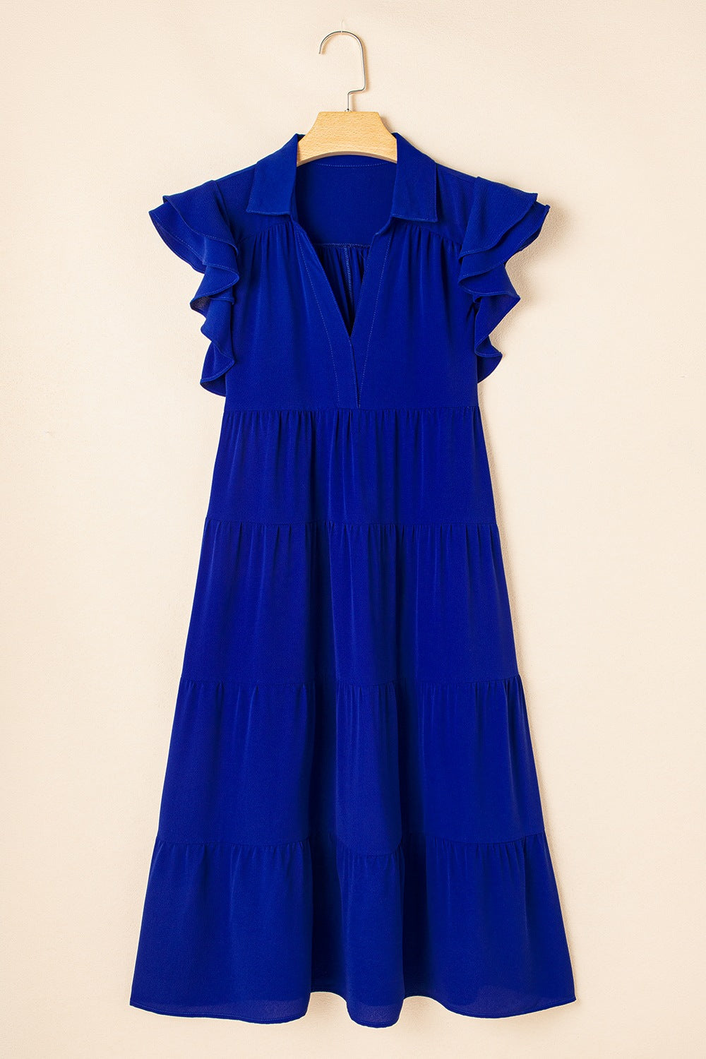 Ruffled Short Sleeve Collared V Neck Tiered Midi Dress