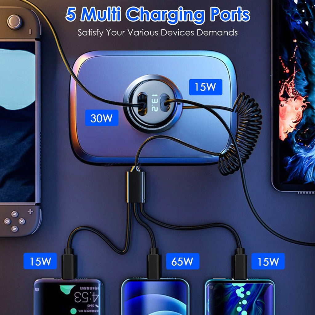 5-in-1 Fast Charge Car Charger QC PD USB Type C LT 5 Port with 4ft Coiled Cable