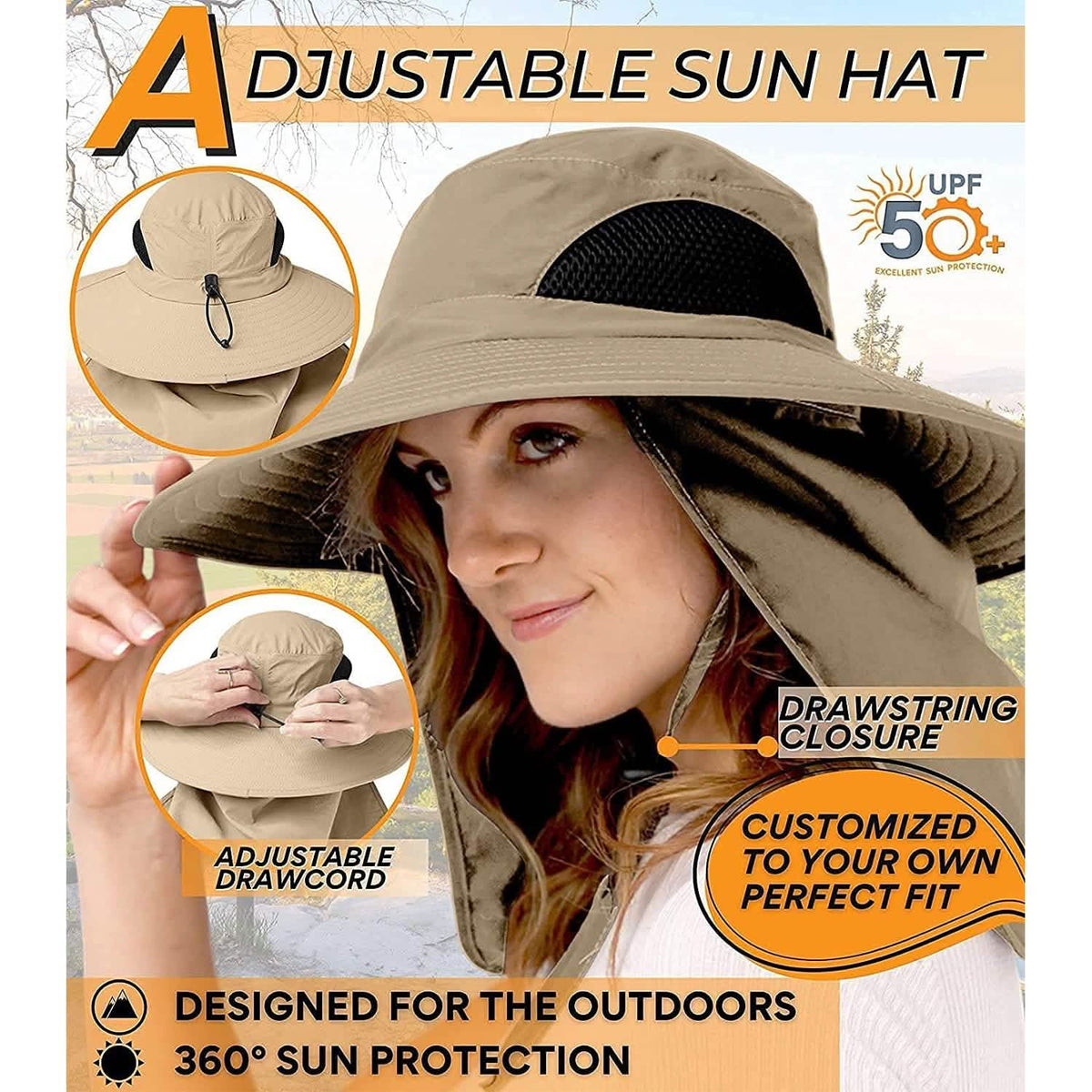 50+ Sun Protection Cap Wide Brim Fishing Hat with Face & Neck Flap