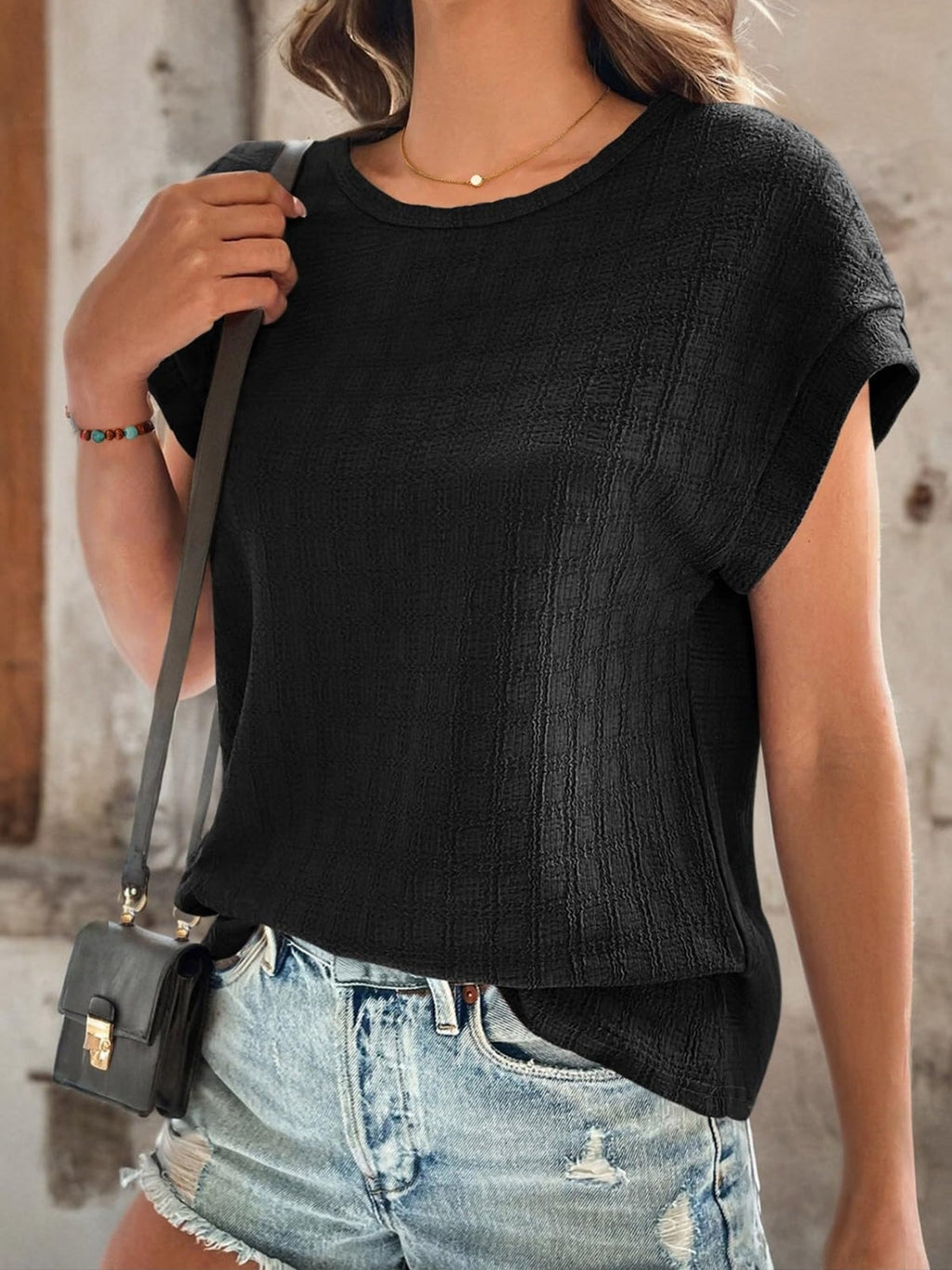 Textured Round Neck Short Sleeve Top