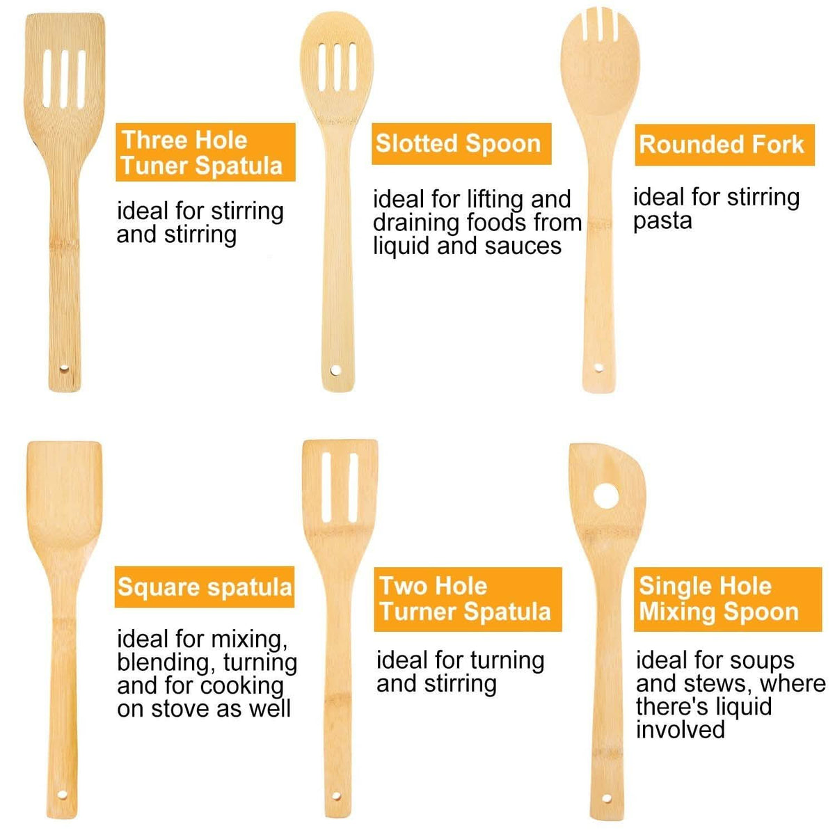 6-Pieces: Cooking Utensil Bamboo Wooden Spoons