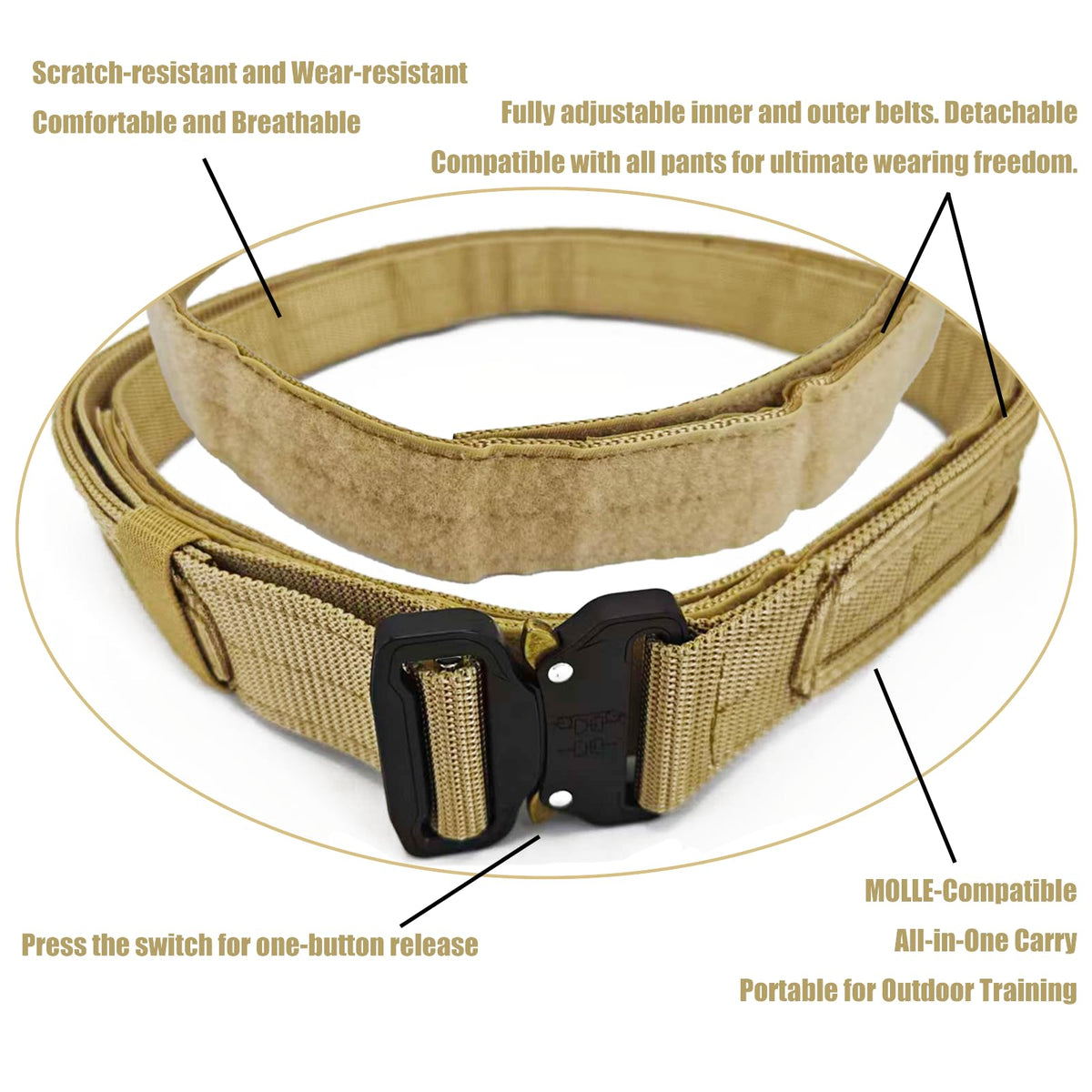 YouchingWld Belt V2 Adjustable Tactical Molle Belt Metal Buckle Khaki 36-46