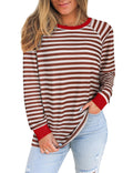 Misyula Style Plus Size Striped Crewneck Sweatshirt Red Brown Size XXL