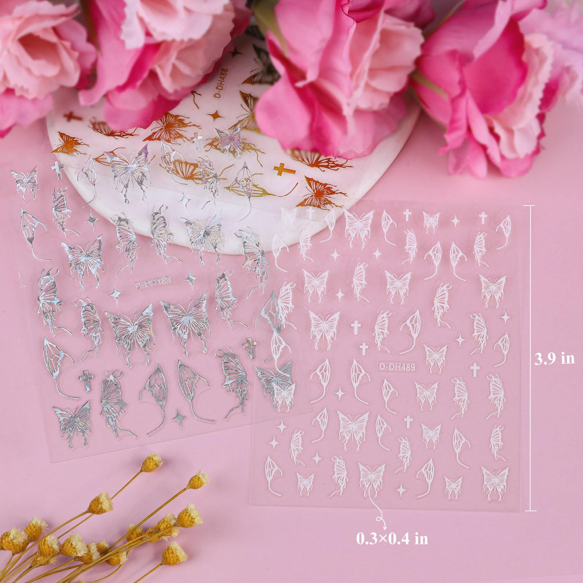 Kikonoke 12 Sheets Laser Butterfly Nail Stickers White Silver Gold 3D Decals