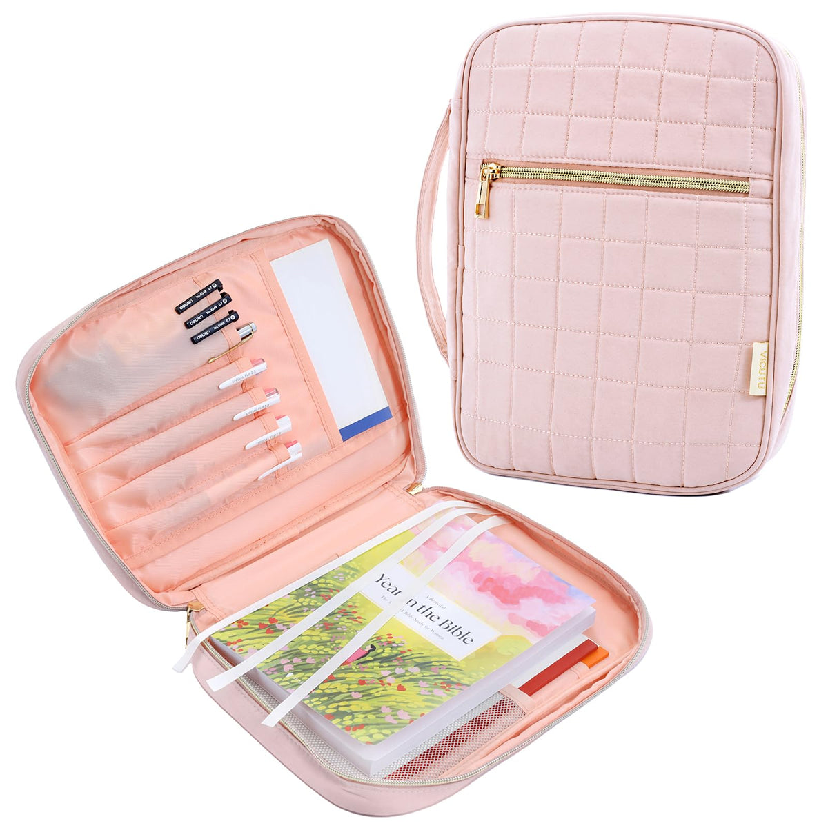 VICUTU Bible Cover Case for Women with Handle Pink Soft Quilted Carrying Bag