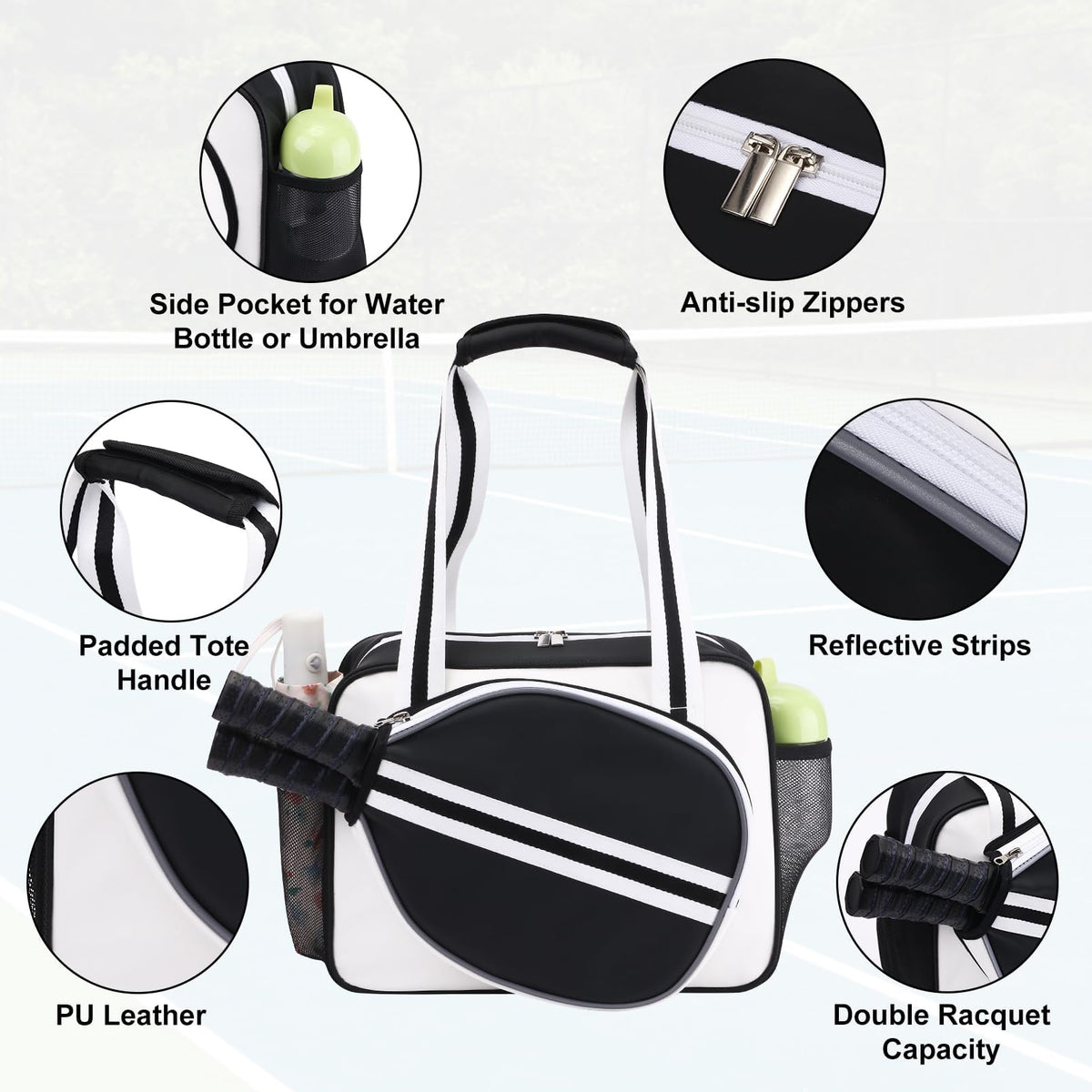 SPOENGRU PU Leather Pickleball Paddle Bag Small Black Fashion Tote