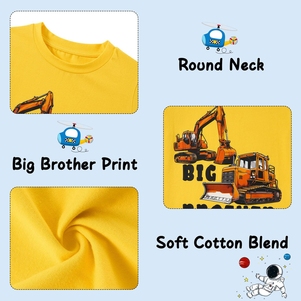 Funnycokid Big Brother Bulldozers Excavator Toddler Shirt Yellow Size 2-3T