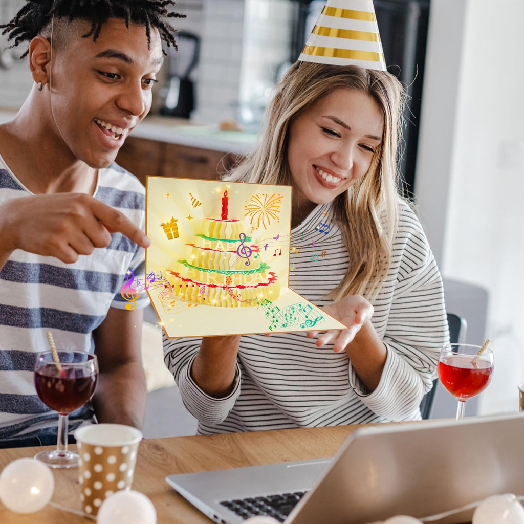 CANREVEL 3D PopUp LED Light Birthday Card Gold Candle Music Greeting