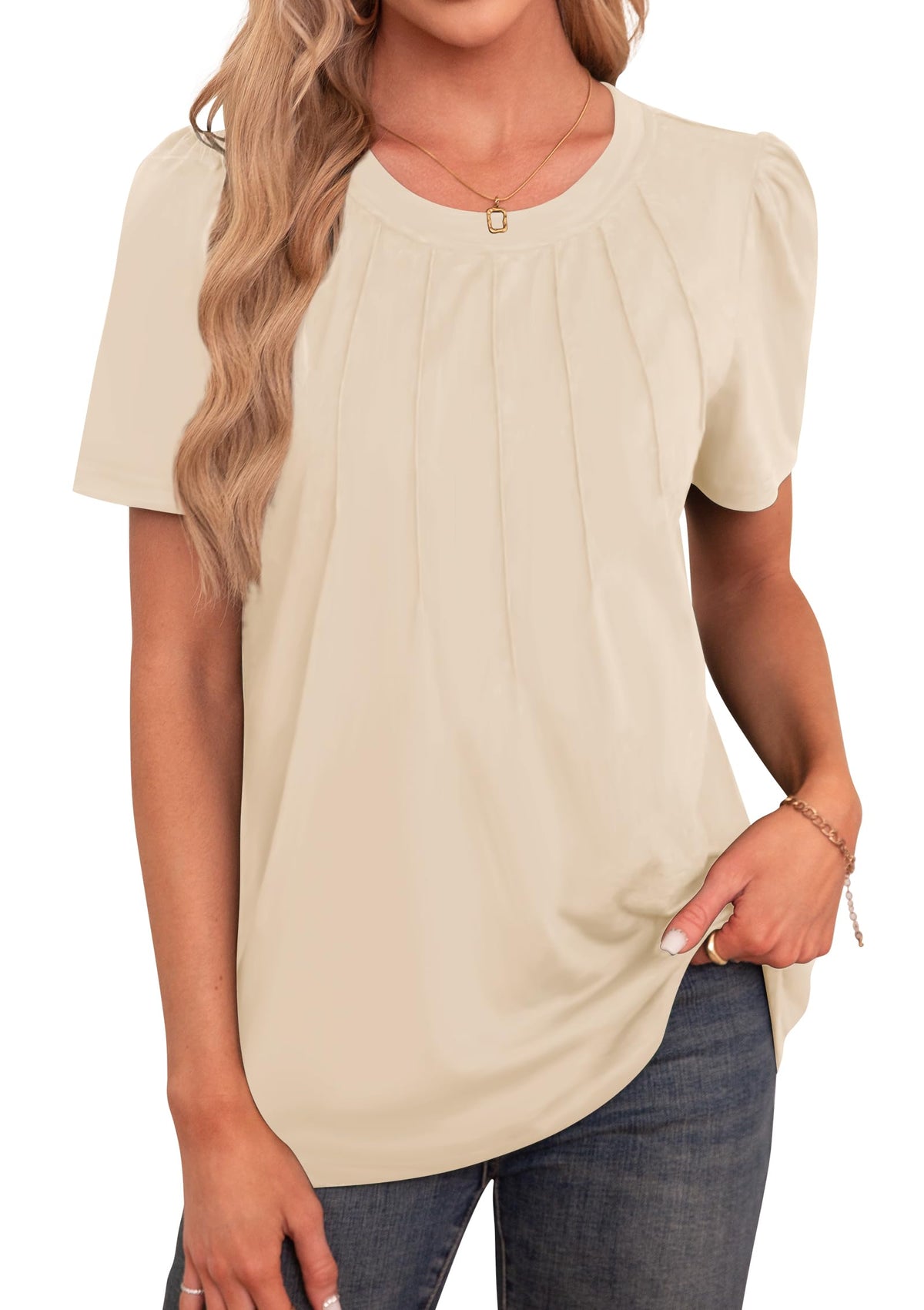 Agnes Urban Womens Pleated Floral Tunic Top Apricot Soft Style Size M