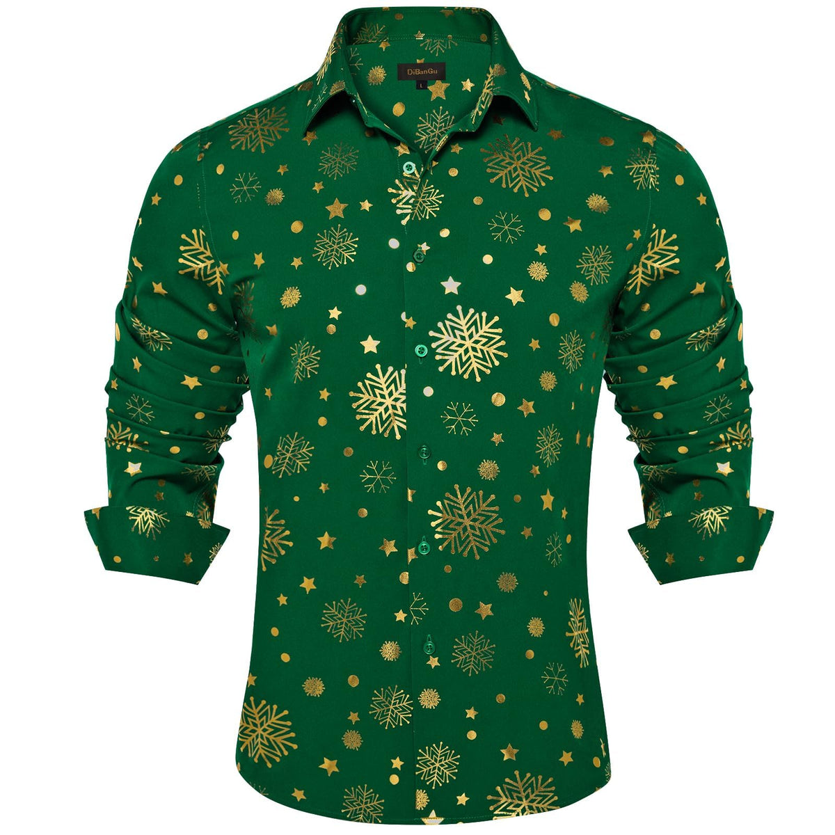 DiBanGu Mens Christmas Long Sleeve Button Down Shirt Green Gold Snowflake Size S