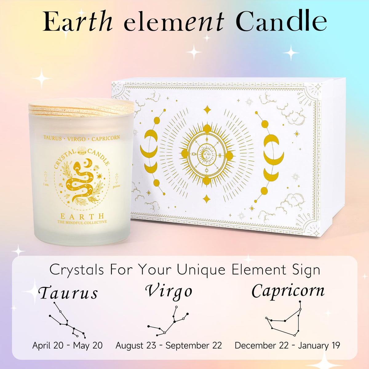 Suhctuptx Zodiac Lavender Scented Soy Candles Healing Crystals Fire Signs Small