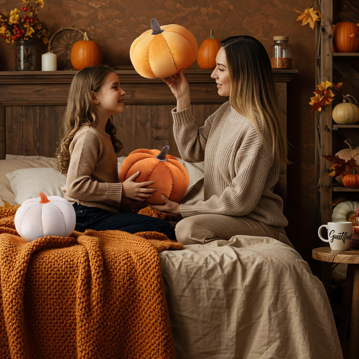Yookeer 2 Pcs Velvet 3D Pumpkin Throw Pillows White 7''+11''