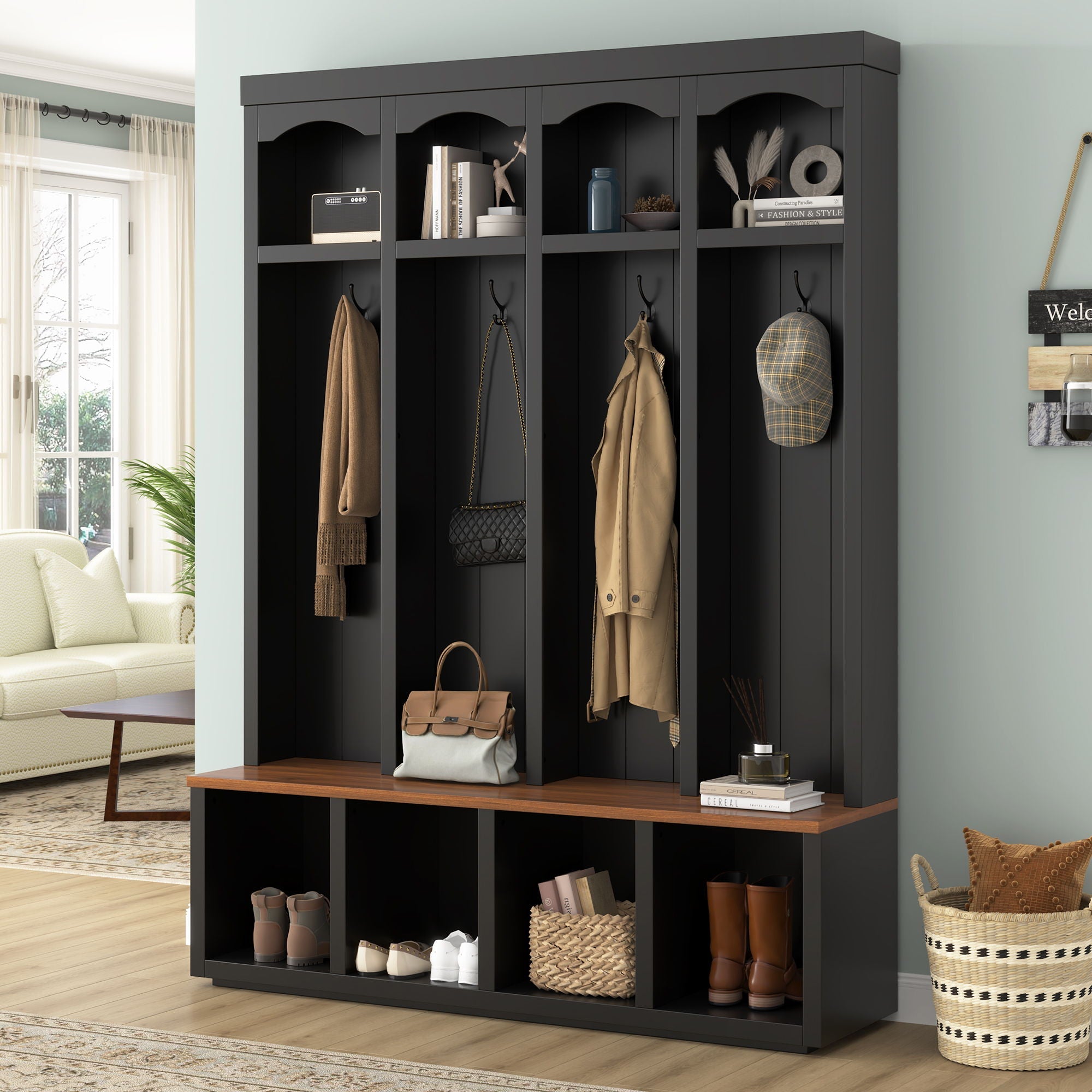 Entryway Hall Tree With Bench, 4 Hooks & Open Storage Space