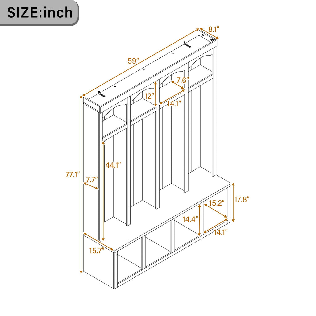Entryway Hall Tree With Bench, 4 Hooks & Open Storage Space