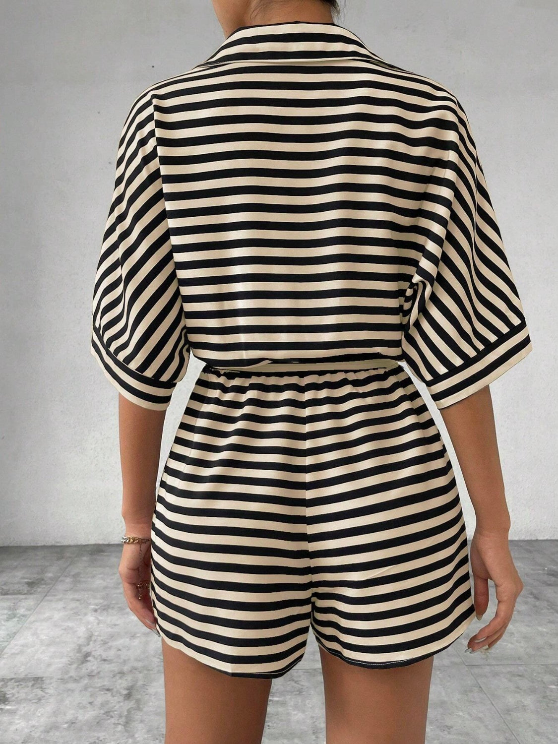 Tie Waist Half Button Striped Romper