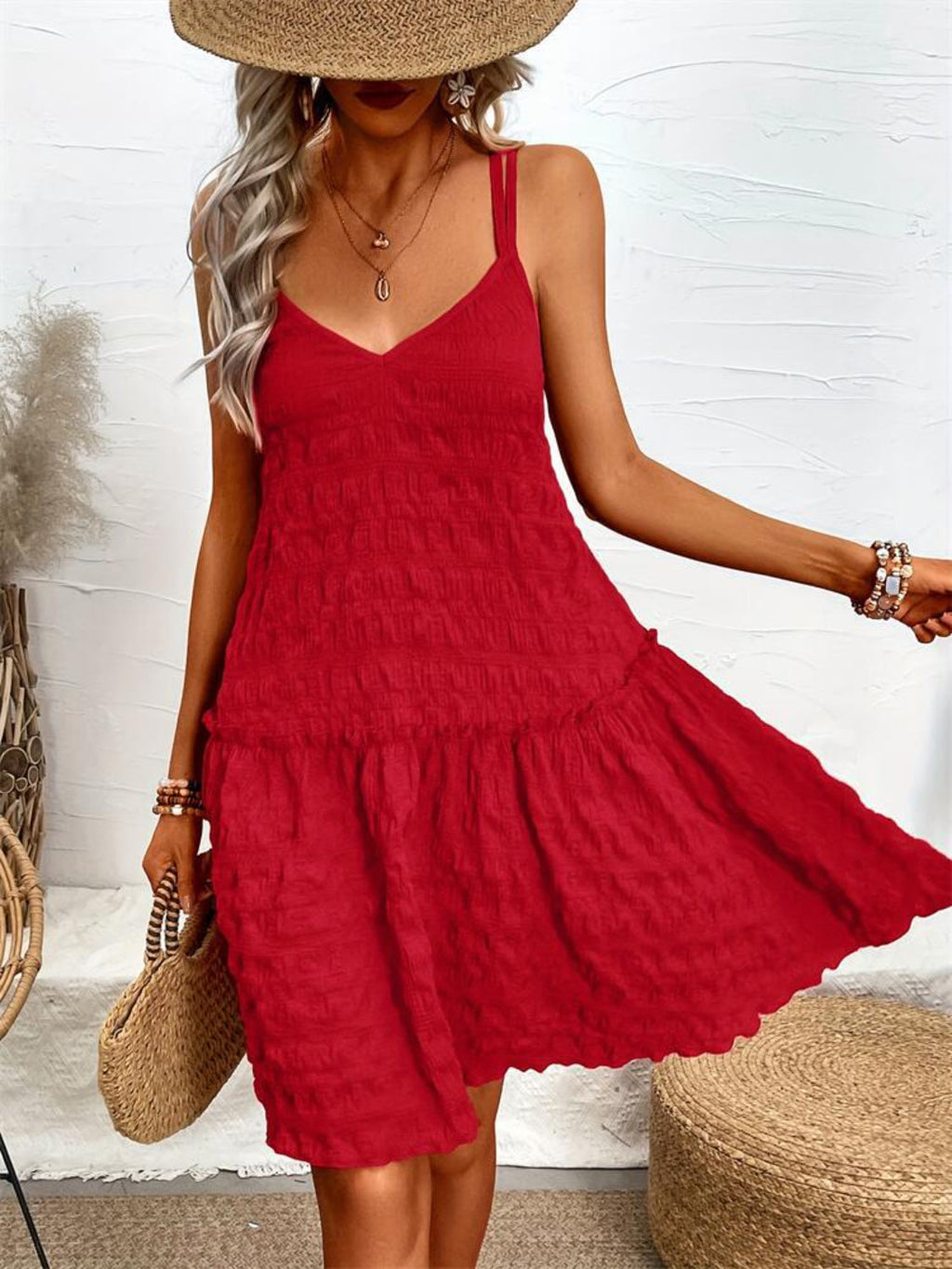 Crisscross Double Spaghetti Straps Tiered Cami Dress