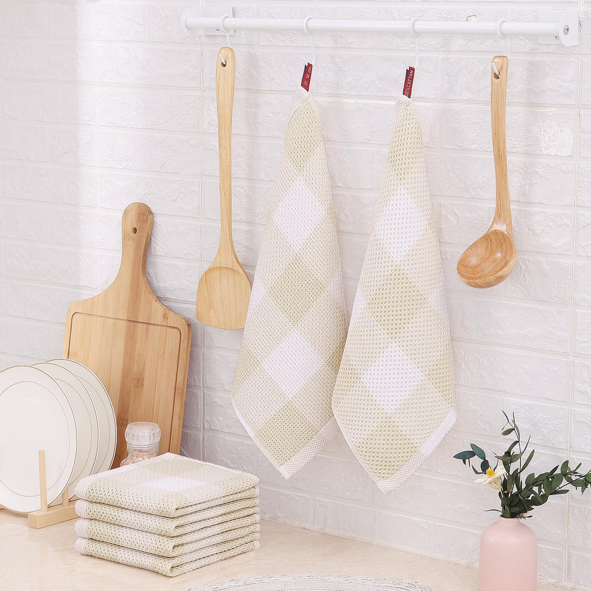 Homaxy Cotton Waffle Weave Check Plaid Dish Cloths 12x12 White Beige 6-Pack