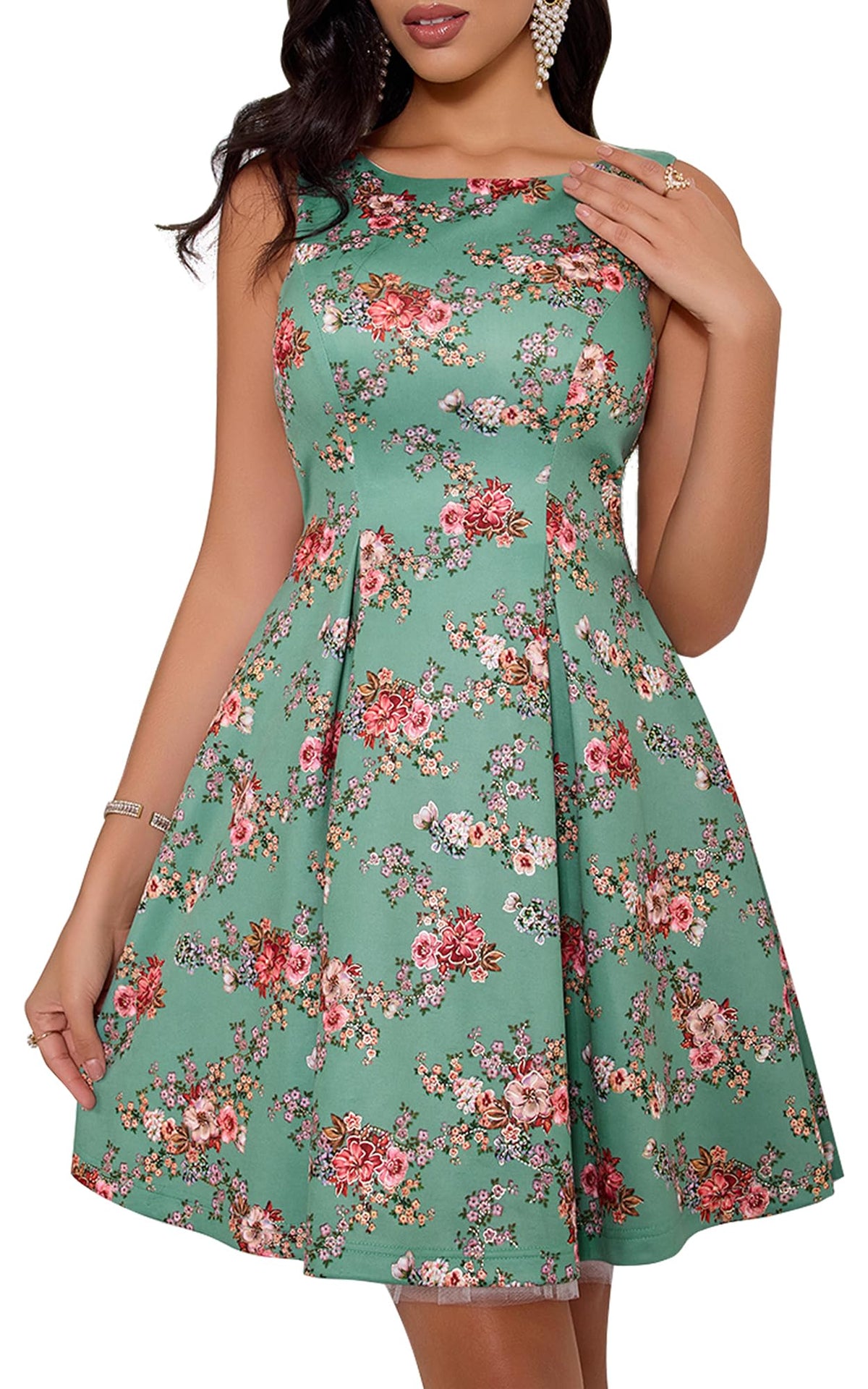Angel-fashions Women's Floral A-Line Sleeveless Dress Green Size 6