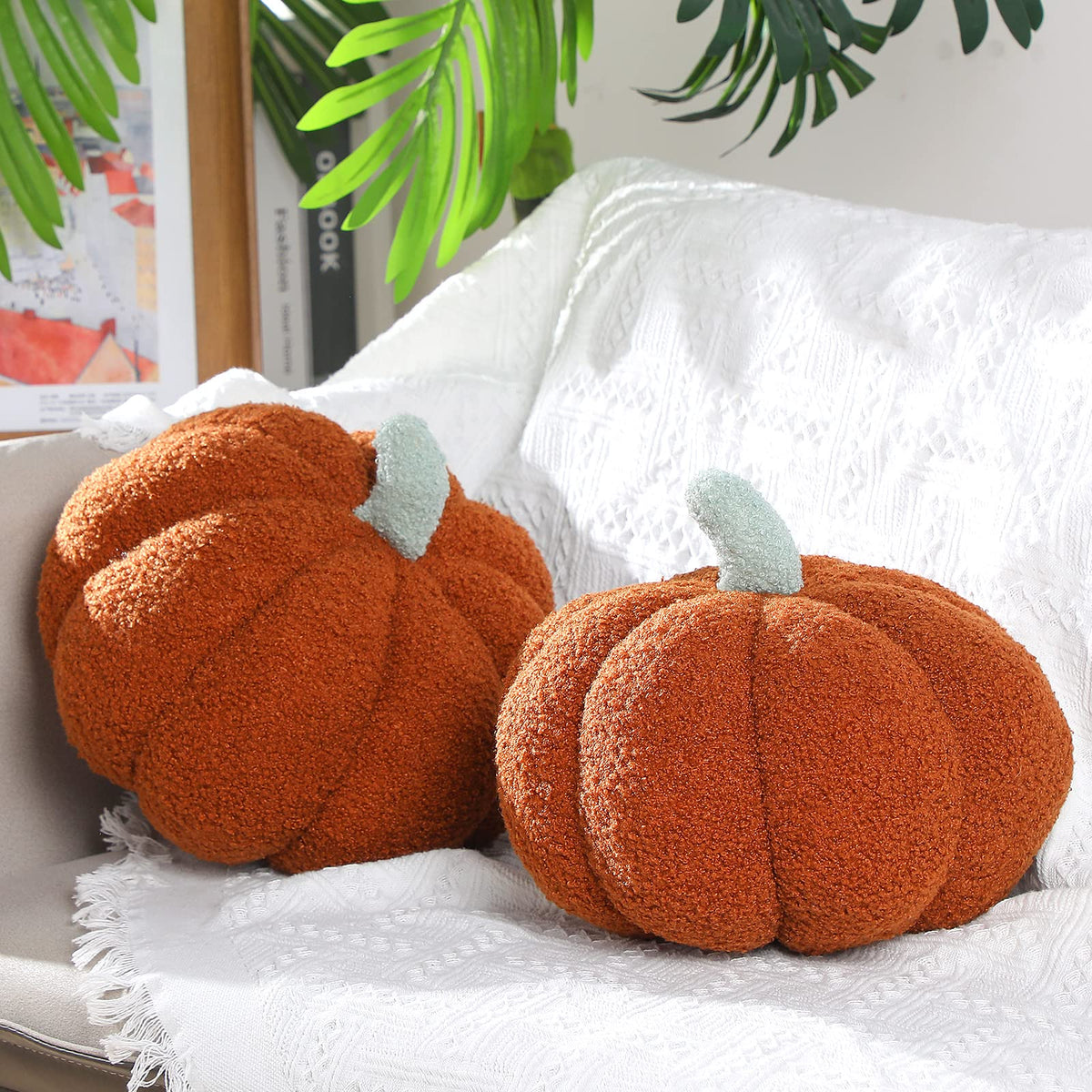Queekay 2 Pc Pumpkin Plush Pillow 11x9.5in Brown Fall Thanksgiving Decor