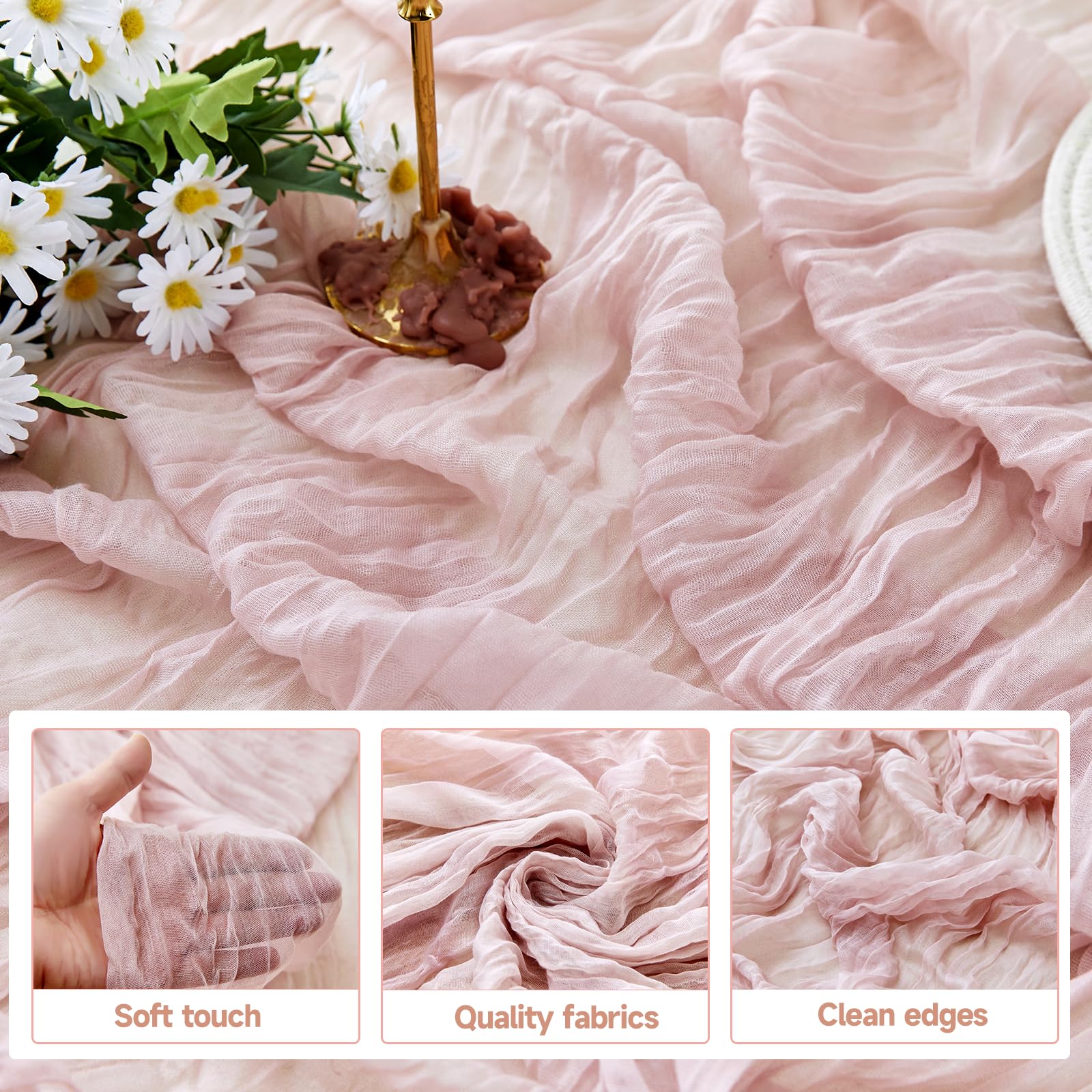 ZKPMJH 6PCS Dusty Pink Cheese Cloth Table Runner 35x120in Boho Gauze
